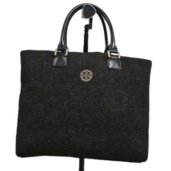 Tory Burch Ella Tote Felt Wool Leather Handbag Charcoal Gray Size Large - Picture 3 of 13